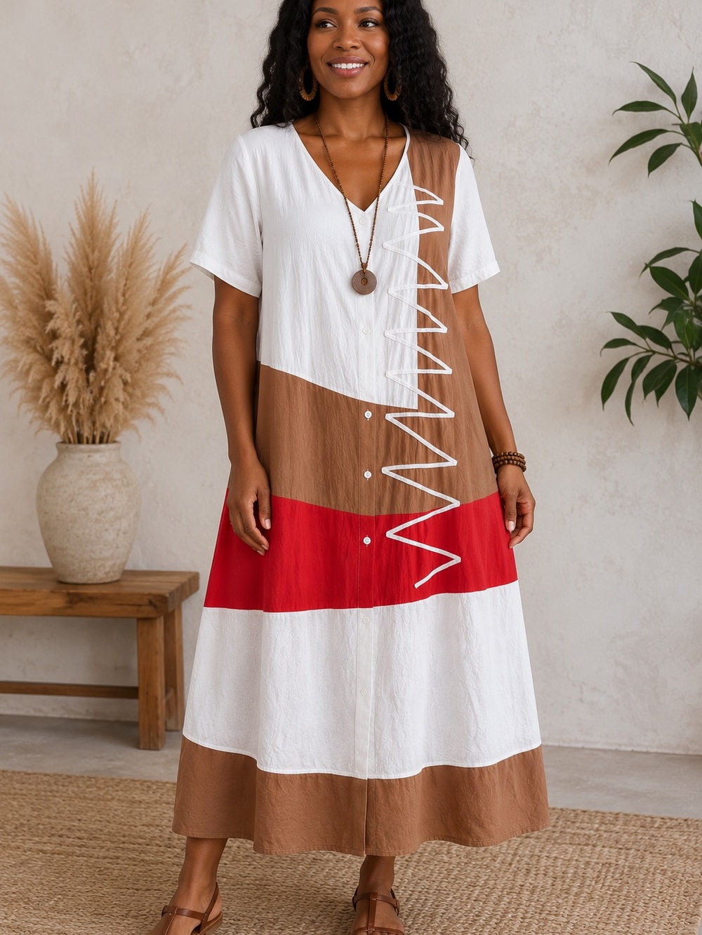 Zanzea Colorblock V-Neck Maxi Dress in White, Tan & Red 100% Cotton